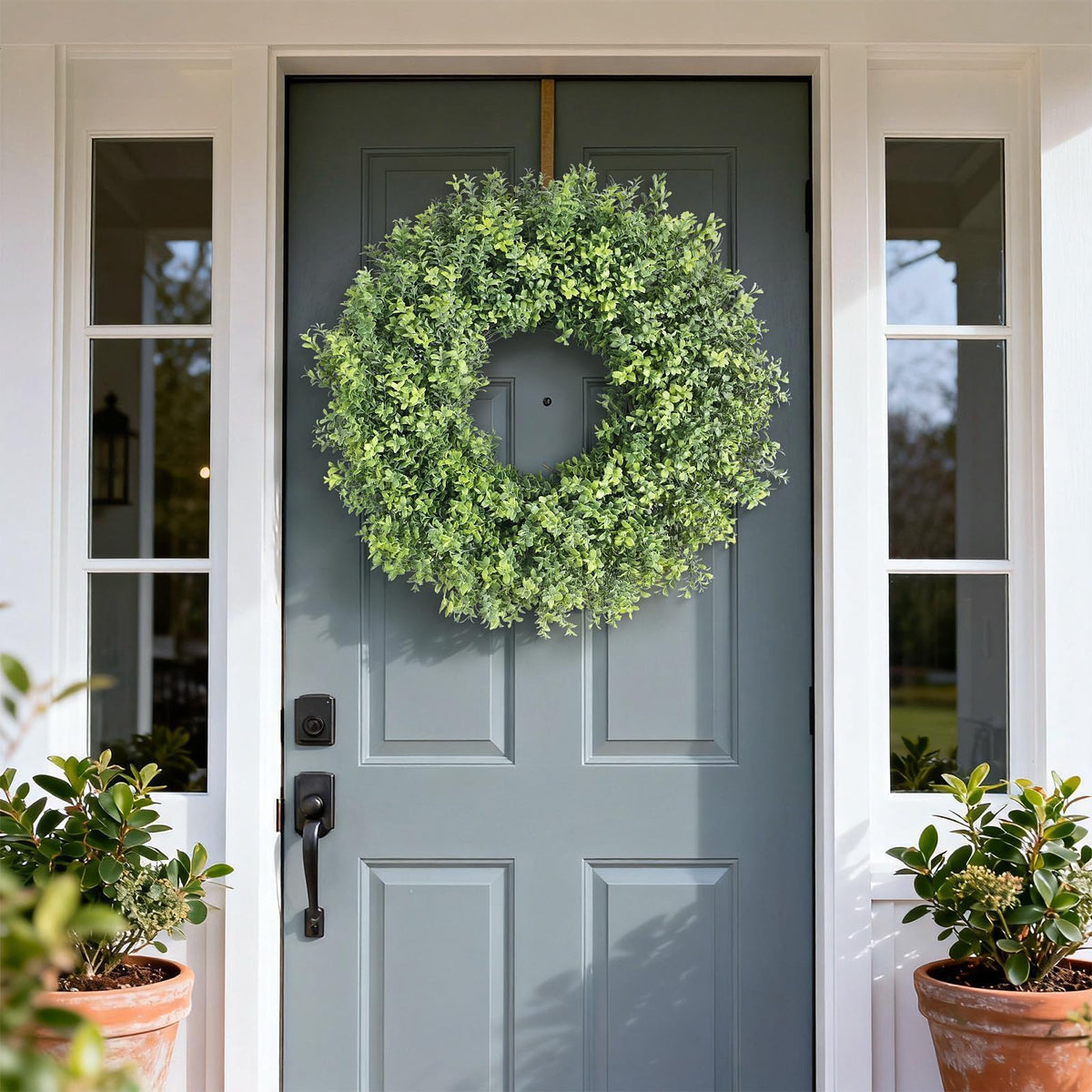 YXZZWL maintenance-free boxwood wreath stays vibrant year-round.