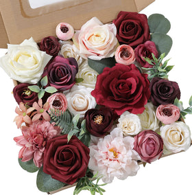 YYHUAWU Burgundy mix artificial flowers arranged as a wedding bouquet.