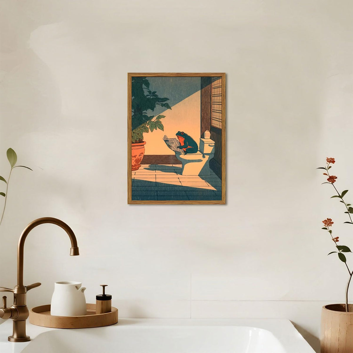 YYNISPIN frog on toilet print ready to hang in any room.