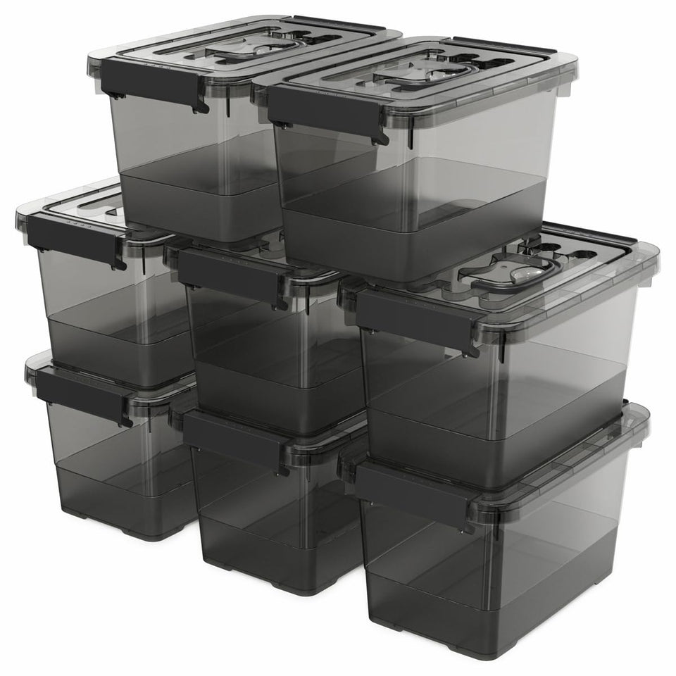 YYXB black storage latch bin with lid, easy stacking for organized closets.