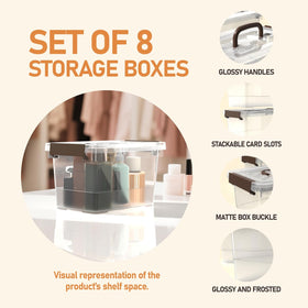 YYXB bins organized on a closet shelf for quick access.