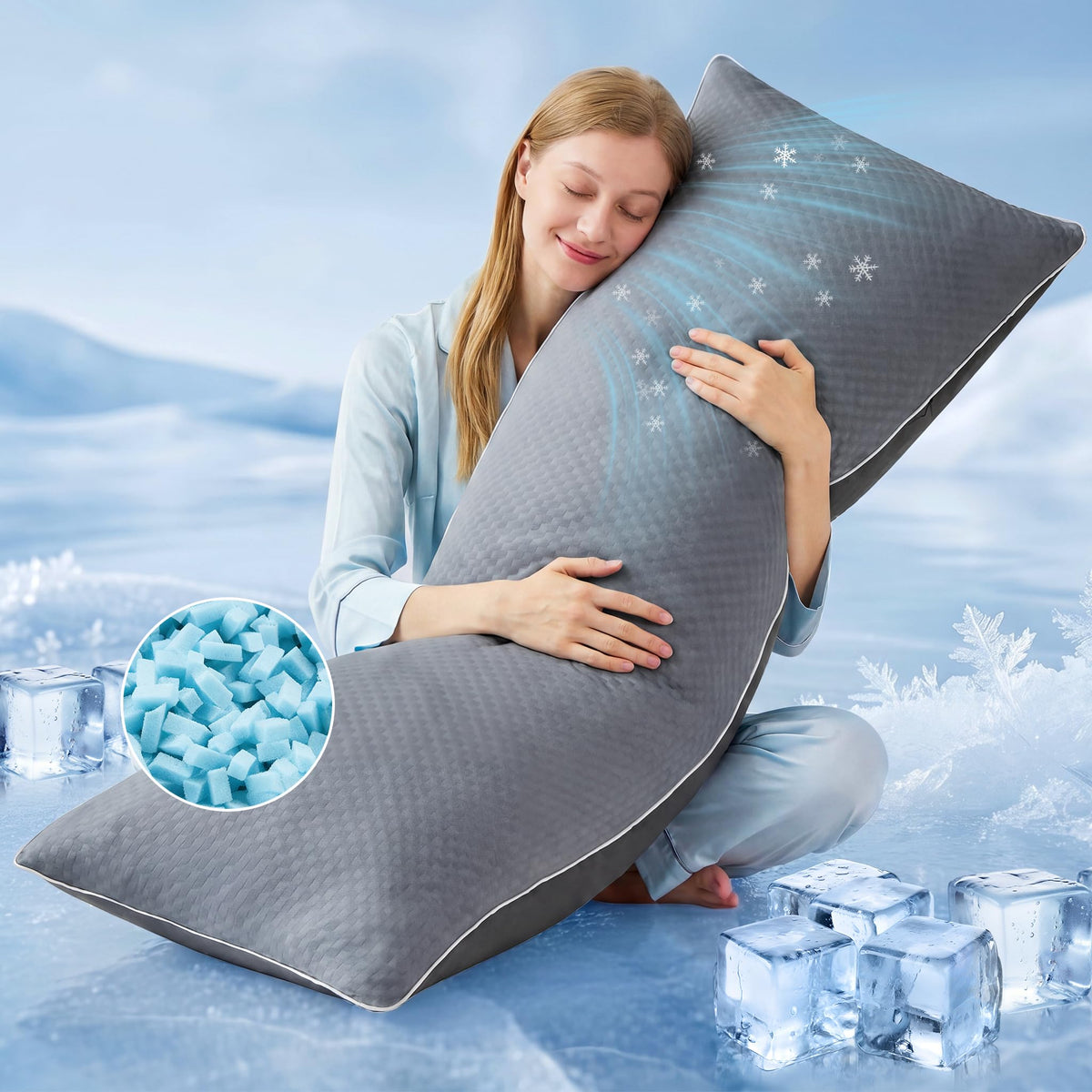 YZ HOME cooling body pillow side view shows breathable comfort for hot nights