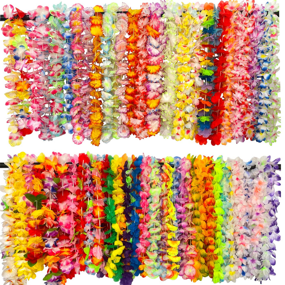 Yzoe Gzroe Hawaiian leis bulk pack closeup of vibrant silk flowers for festive decor.