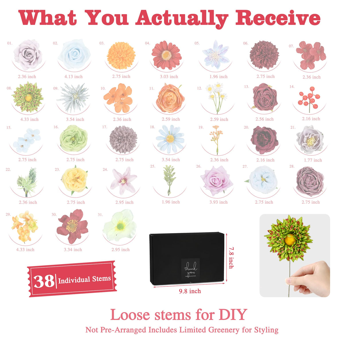 YZXZM silk flowers with bendable stems for flexible bouquet shaping.