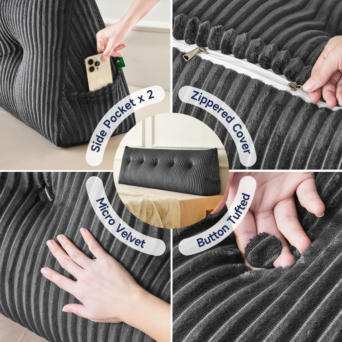 Z-hom Headboard Pillow with Side Pockets keeps remotes within reach.
