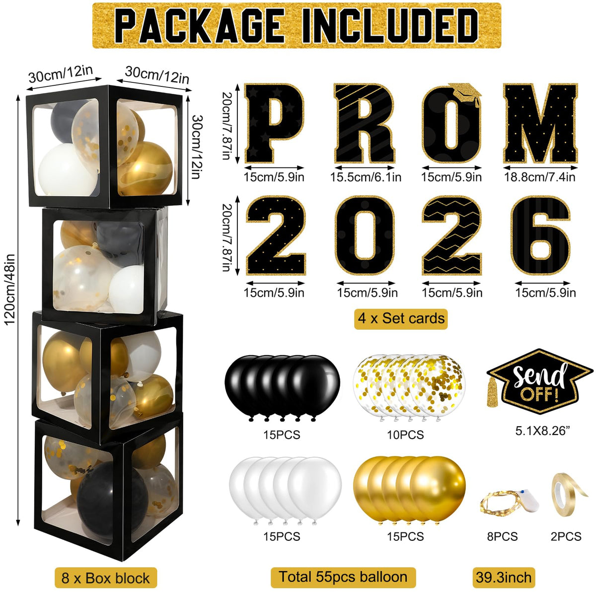 Zachely 8-pc black and gold balloon box assembly as a backdrop