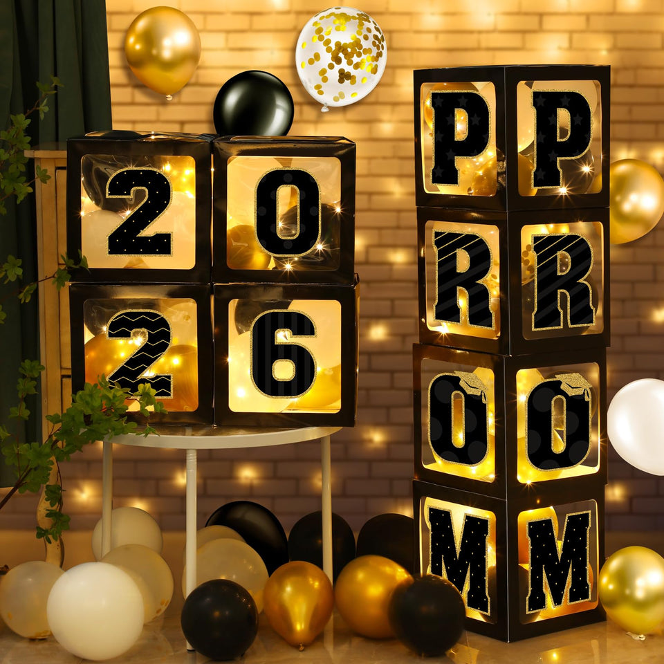 Zachely Graduation Balloon Boxes set creates a bold backdrop for prom photos