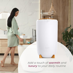 Zadro towel warmer bucket showing two towels ready, instant comfort after shower.