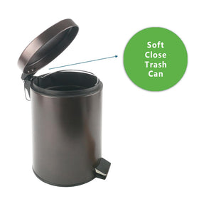 Bronze-finish trash can with lid and soft-close mechanism for bathrooms and kitchens