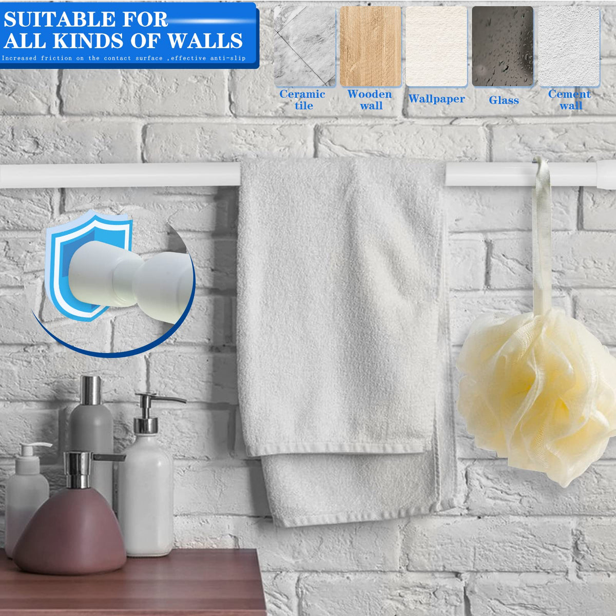 ZAIKEHHA curtain rod in a bathroom showing rust-resistant coating and solid tension