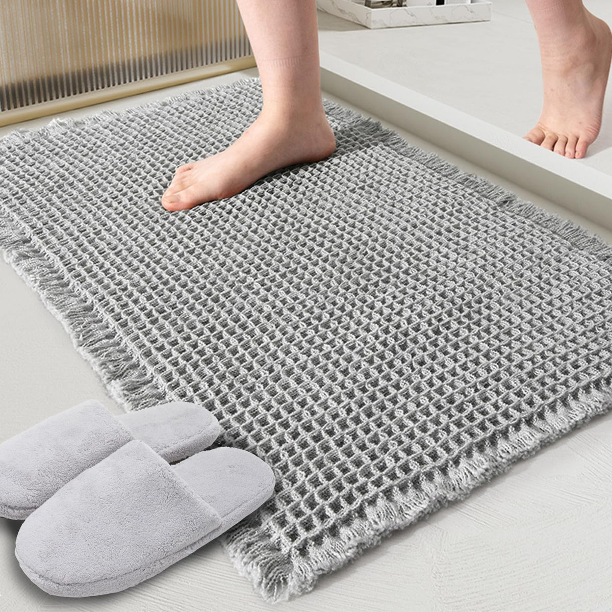 ZALL Grey Waffle Bath Mat closeup highlights durable weave and plush texture for quick drying.