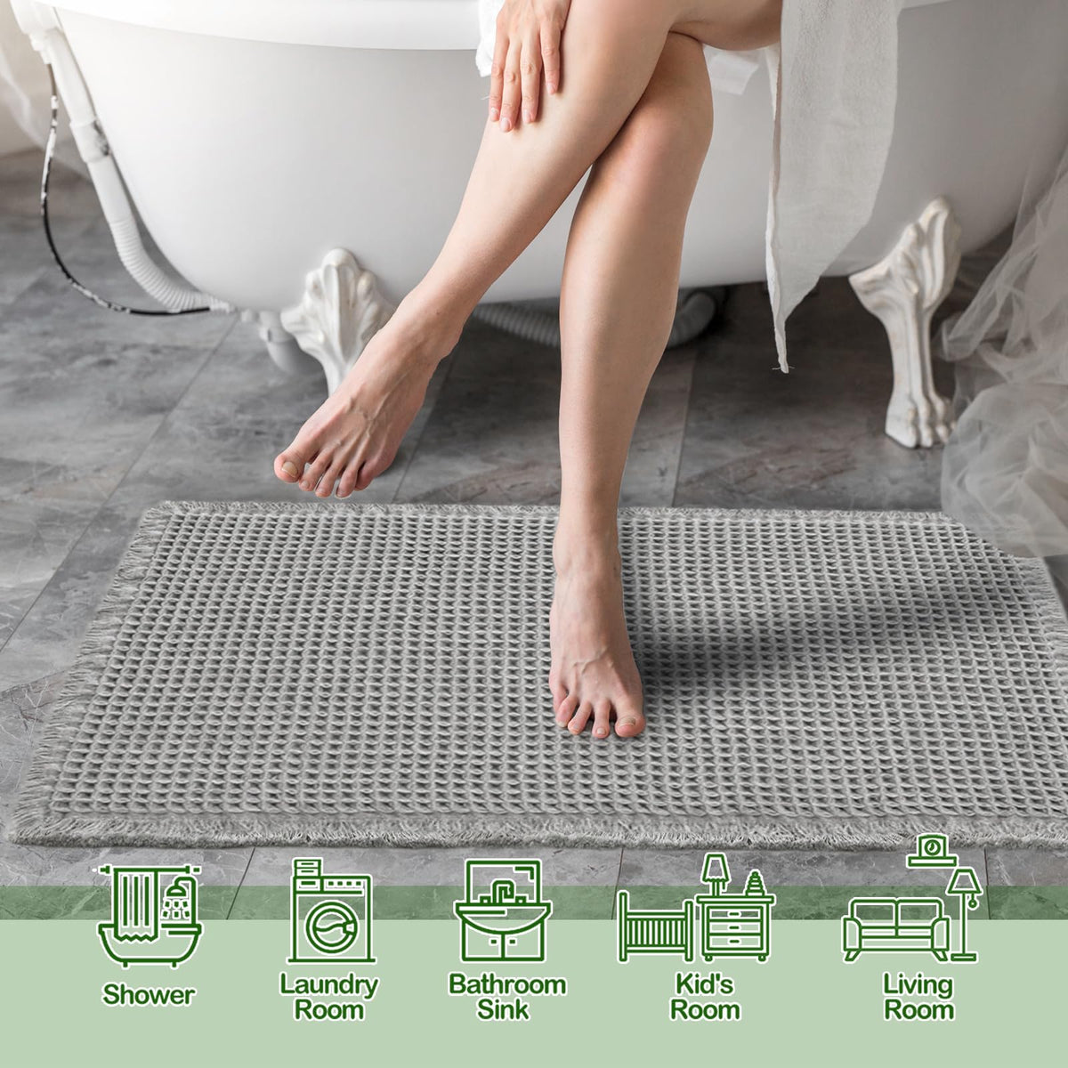 ZALL Super absorbent waffle mat captures water fast for dry floors after shower.