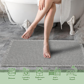 ZALL Super absorbent waffle mat captures water fast for dry floors after shower.