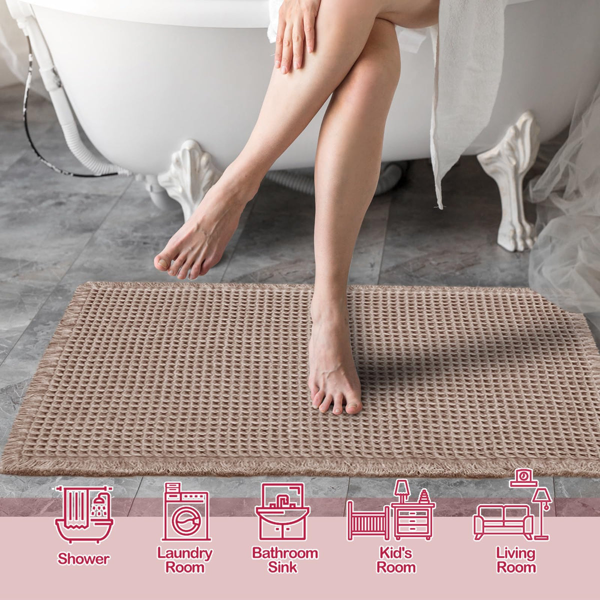 ZALL Tan Waffle Bath Mat close-up shows upgraded waffle pattern and durability.