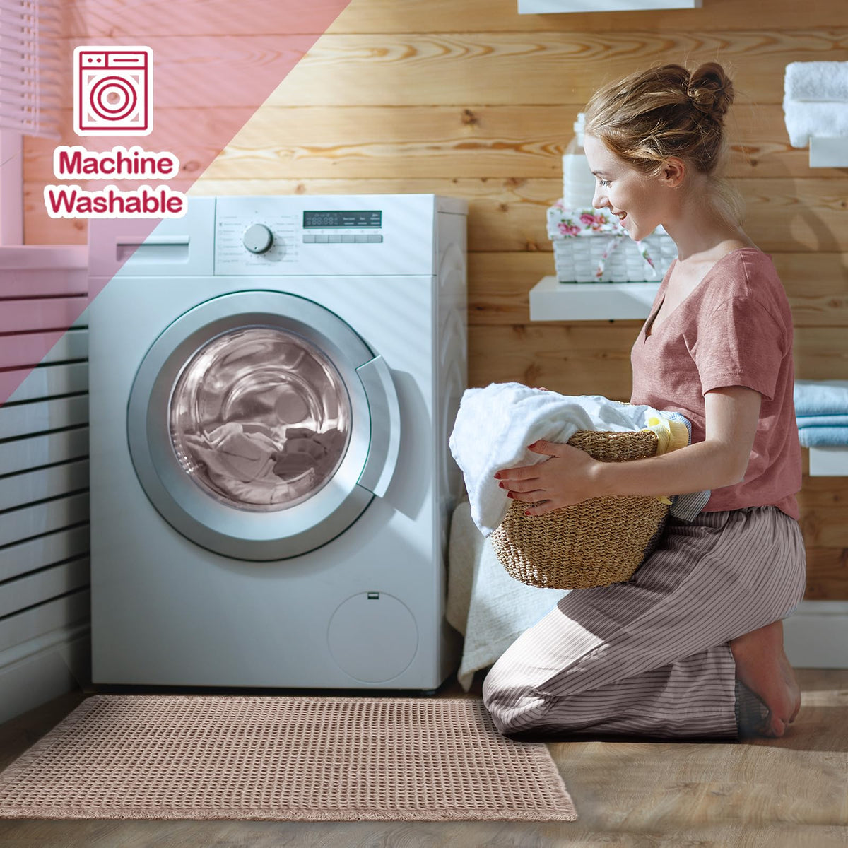 ZALL Tan Waffle Bath Mat machine washable for easy care and color retention.