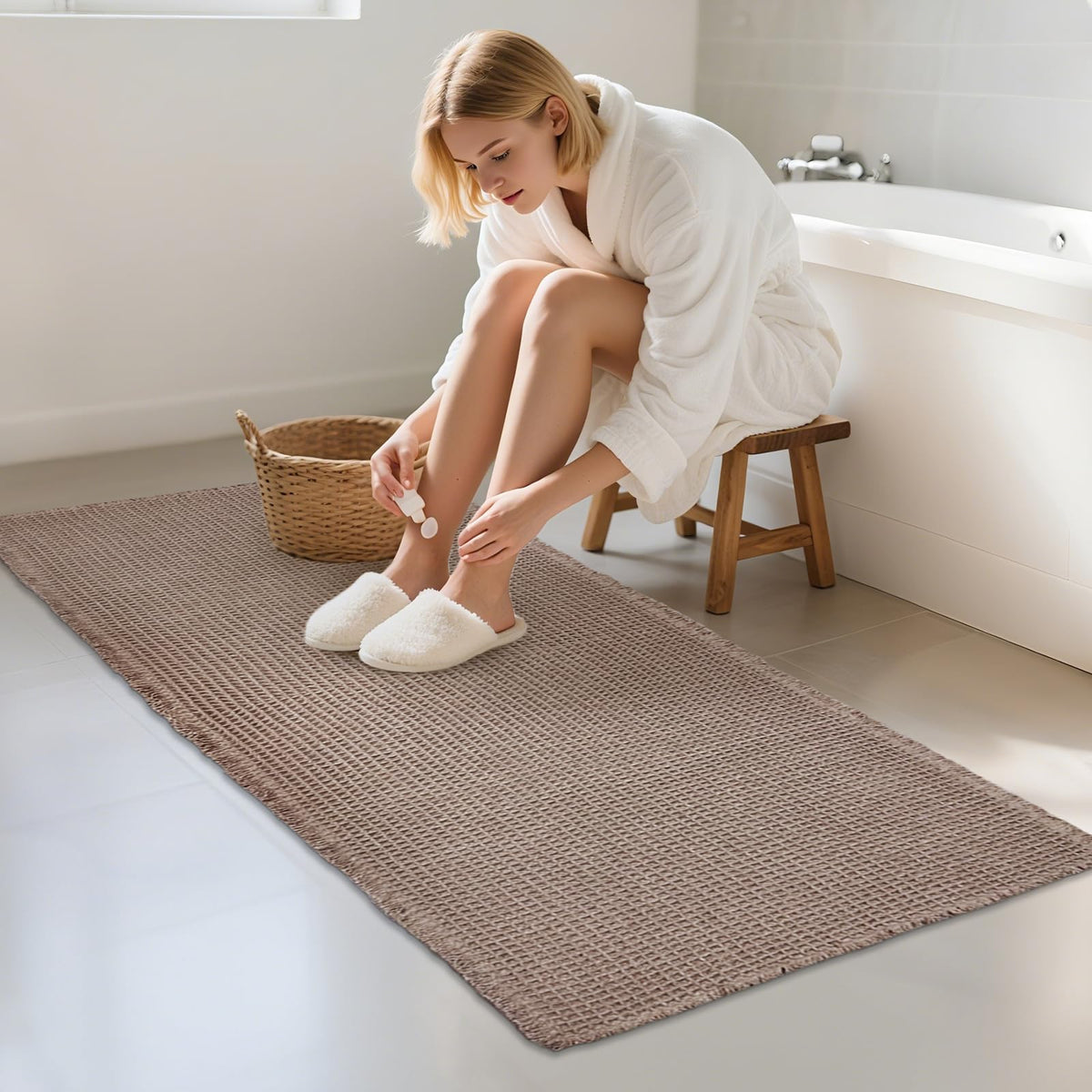 ZALL Tan Waffle Bath Mat with non-slip backing stays securely in place