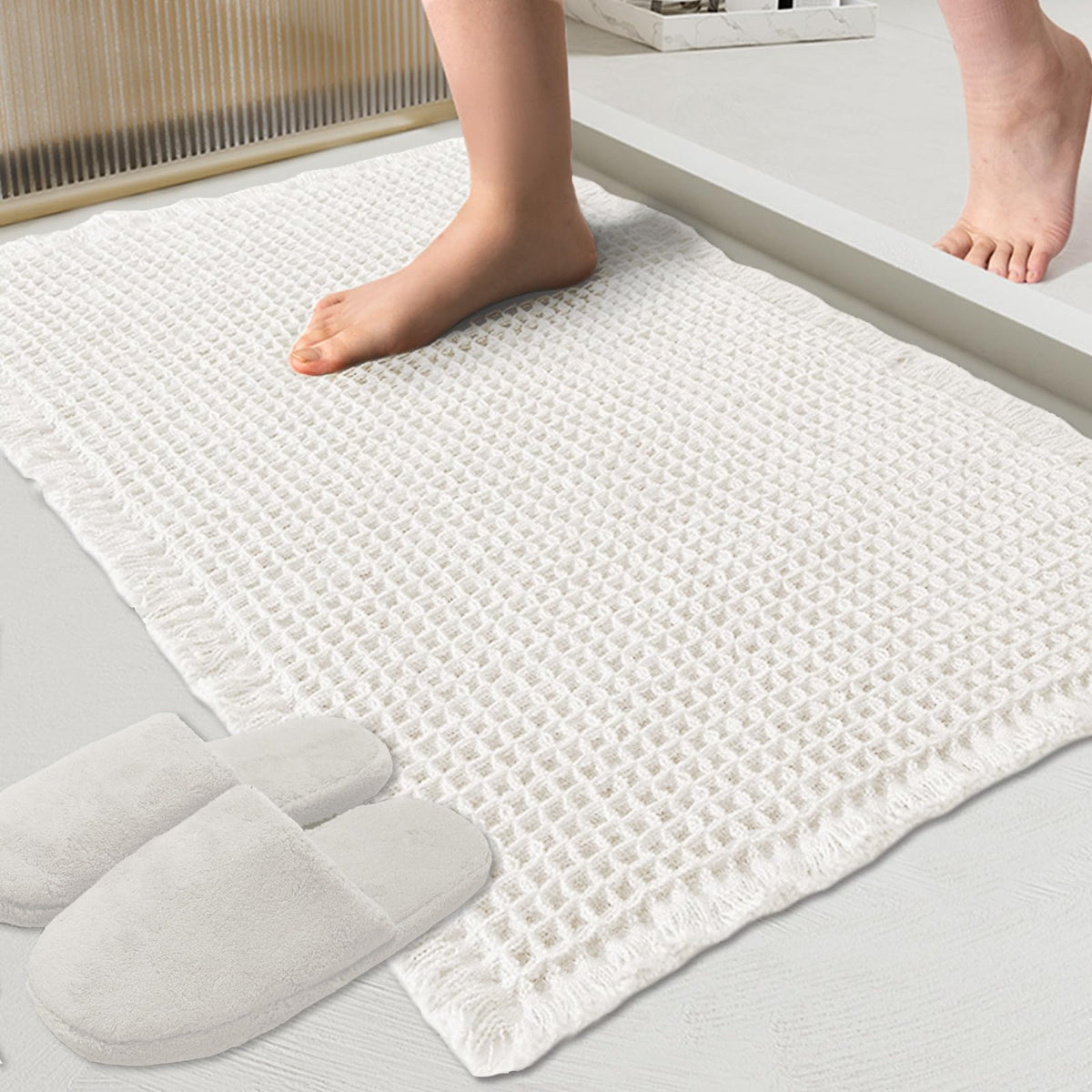 ZALL waffle bath mat shows absorbent texture for quick water pickup and dry floors.
