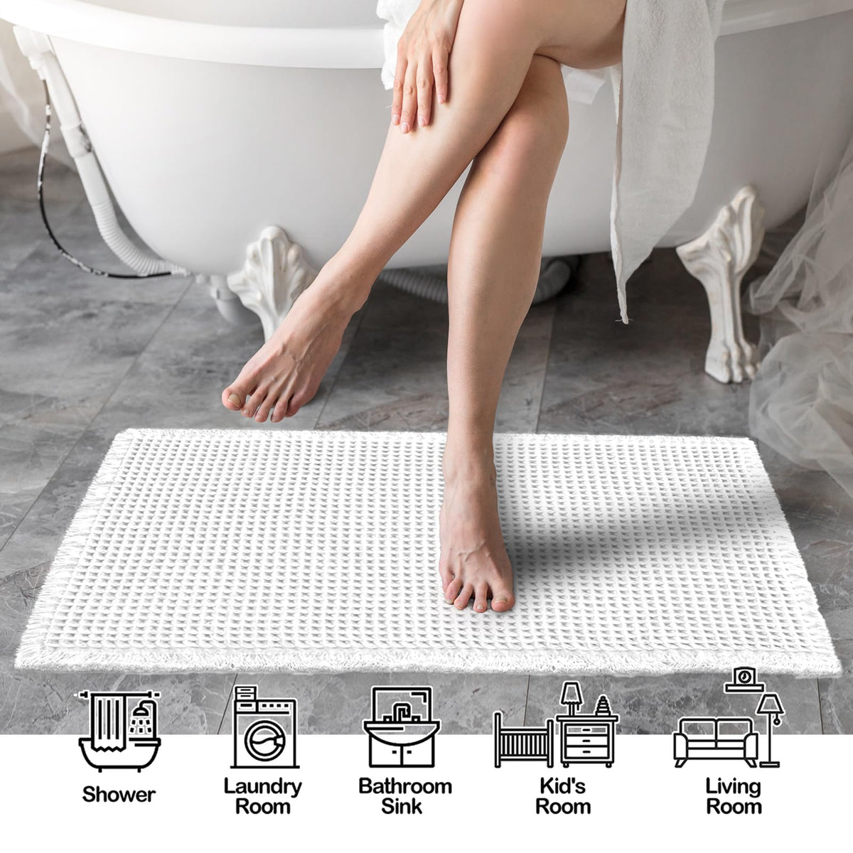 ZALL waffle bath mat with non-slip backing provides secure footing on wet surfaces.