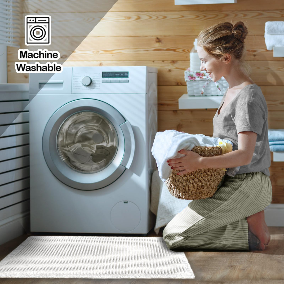 White ZALL bath mat maintains a clean, fresh look with fade-resistant fabric.