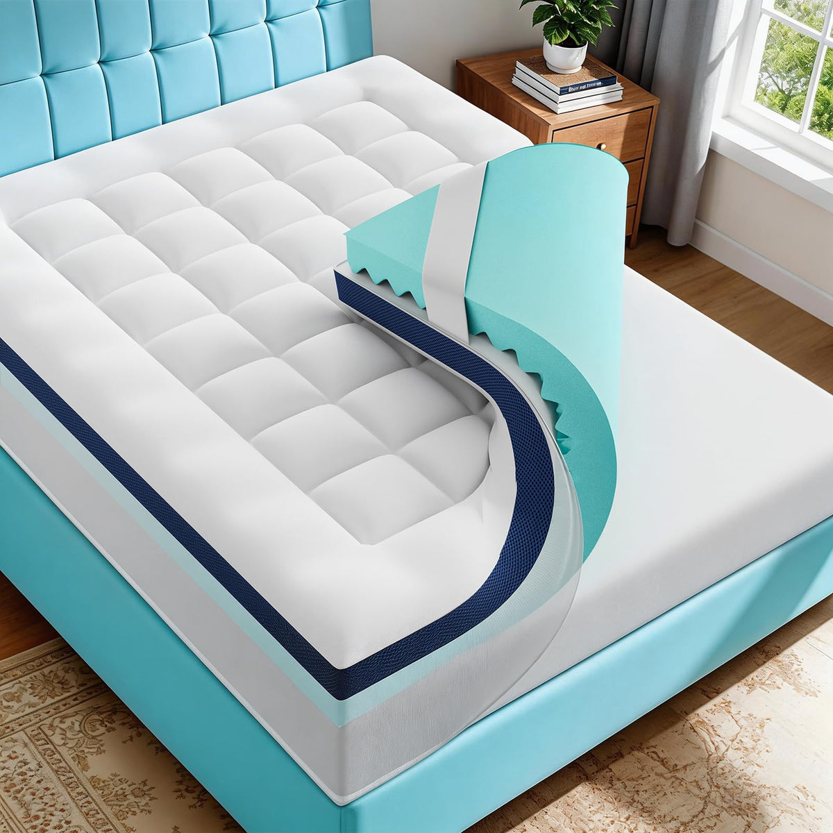 Zalmureta 4 inch dual layer topper close up highlighting cloud soft comfort and cooling support.