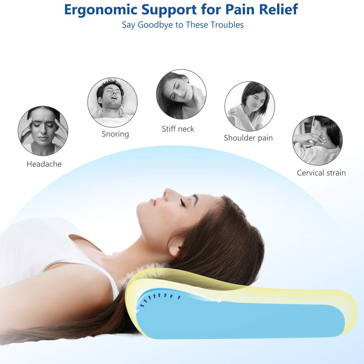 ZAMAT memory foam pillow side sleep scene illustrates firm support for shoulder and neck.