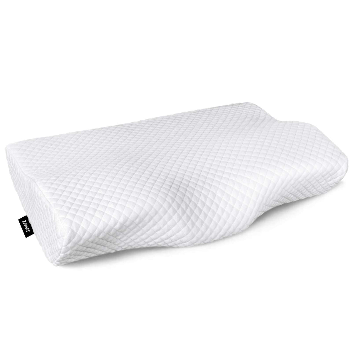 ZAMAT memory foam pillow side view demonstrates ergonomic contour for neck support.