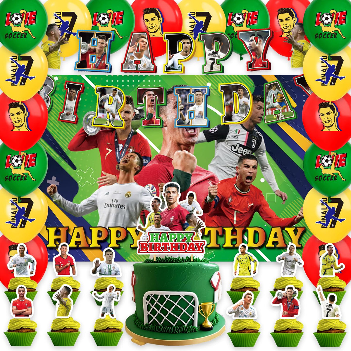Zaprosze Ronaldo birthday banner enhances soccer party decor.