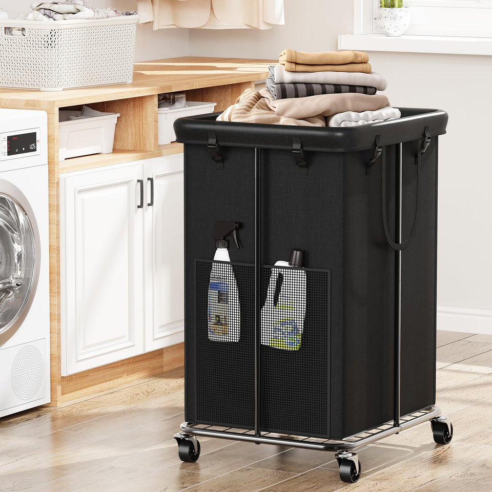 ZATOCL 150L laundry basket with wheels, front view highlighting sturdy frame and mobility.
