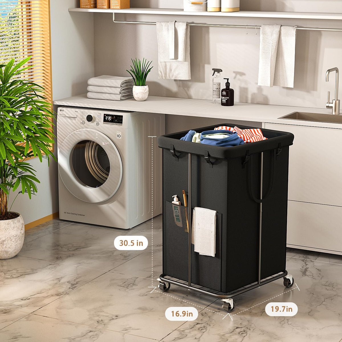 ZATOCL rolling hampers side view emphasizes adjustable wheels for easy placement.