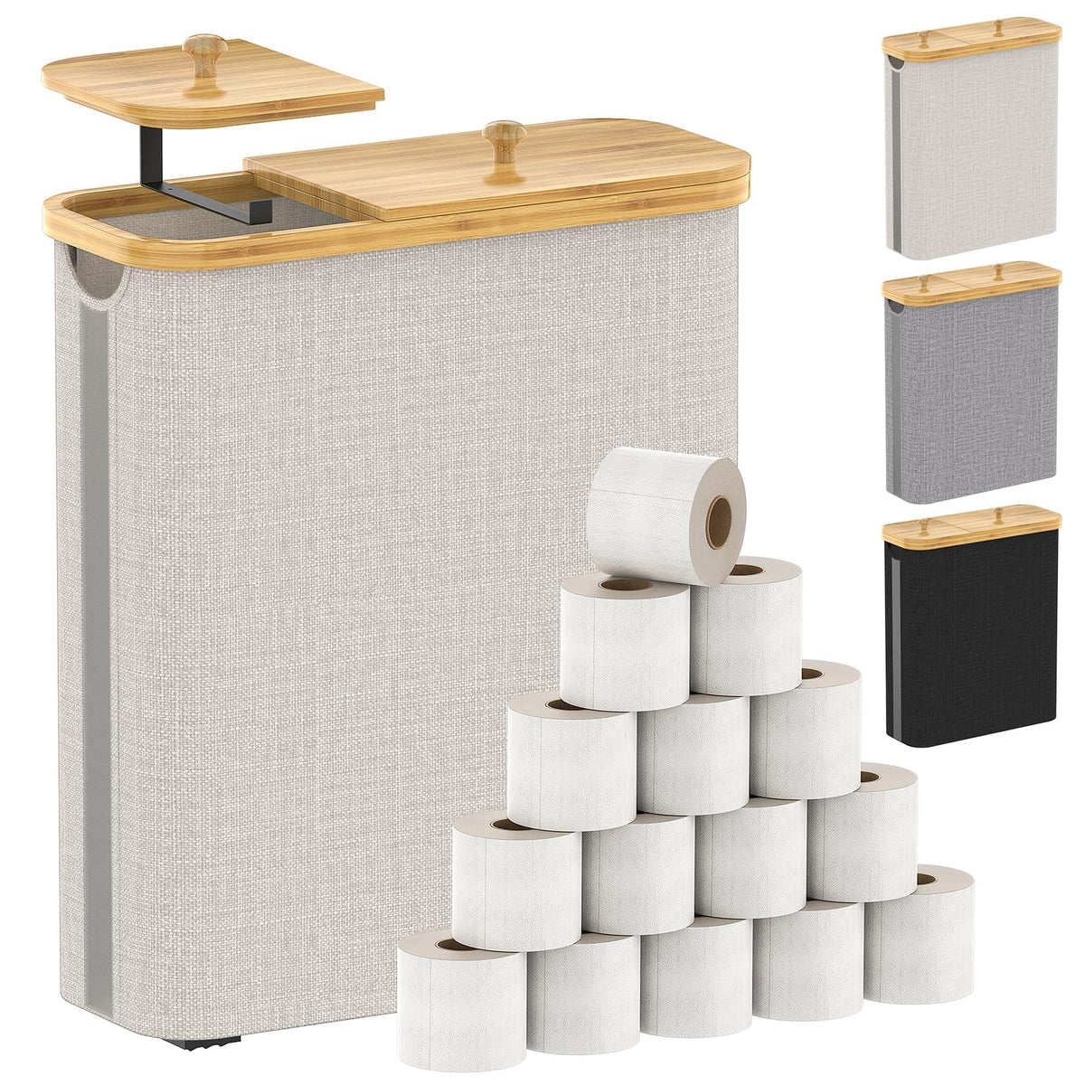 Multi-use storage in a bathroom, keeping towels and magazines organized.