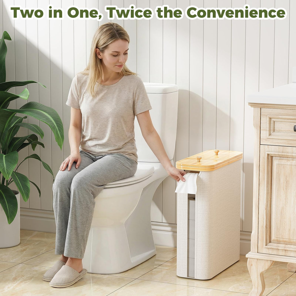 Lid with bamboo handle and non-slip pads provides stable access.