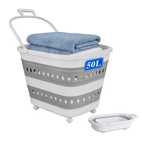 ZAUNFOOY 50L collapsible laundry basket with wheels for easy transport