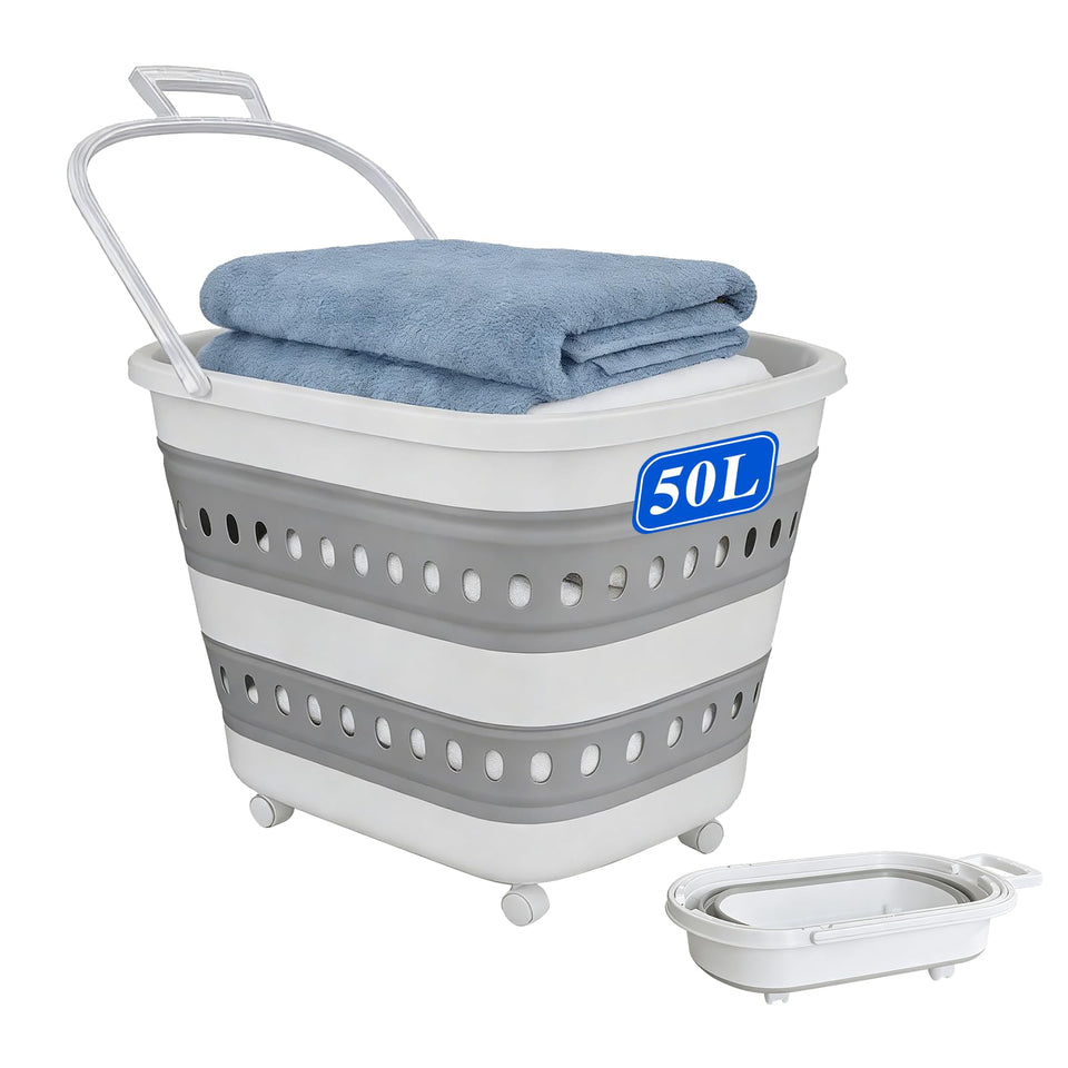 ZAUNFOOY 50L collapsible laundry basket with wheels for easy transport