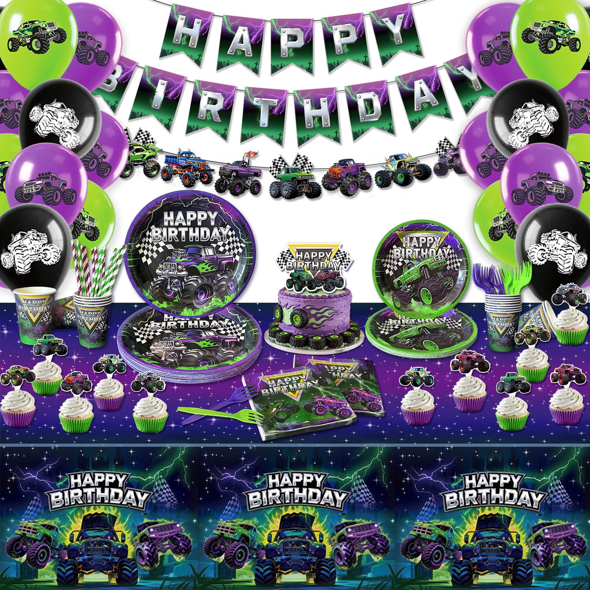 ZBYQDHO monster-truck-banner elevates party entrance with bold purple and green hues for photos.