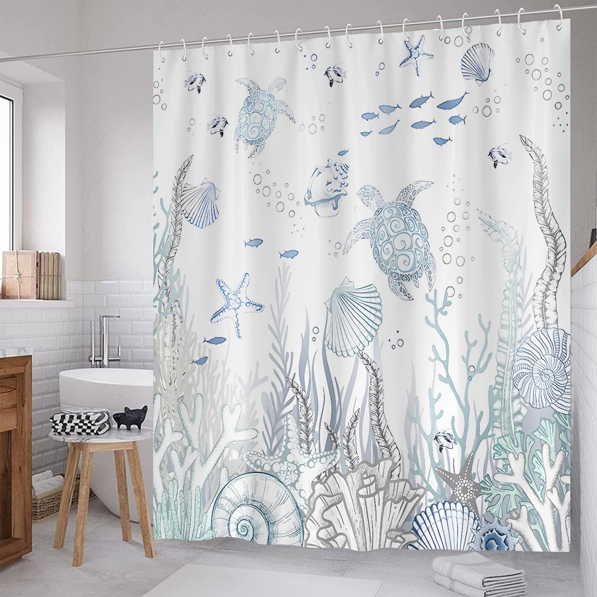 ZCHOMI curtain showcases coral detail for a vibrant coastal bathroom aesthetic.