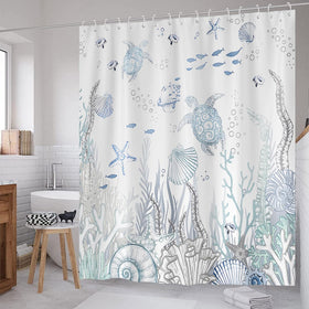 ZCHOMI curtain showcases coral detail for a vibrant coastal bathroom aesthetic.