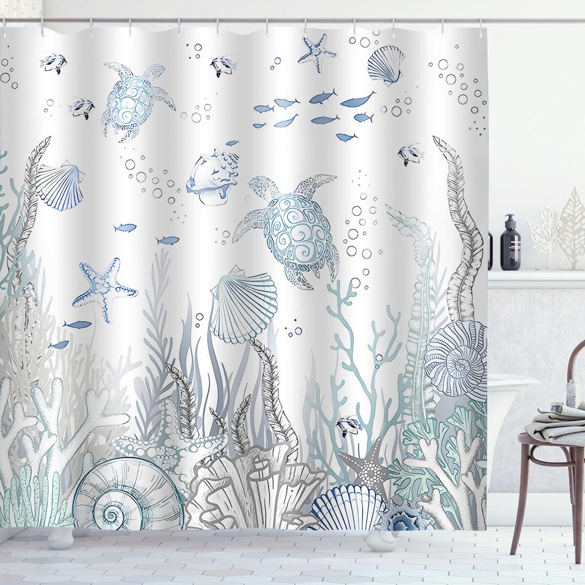 ZCHOMI coastal turtle shower curtain turtle pattern adds ocean vibes and easy maintenance.