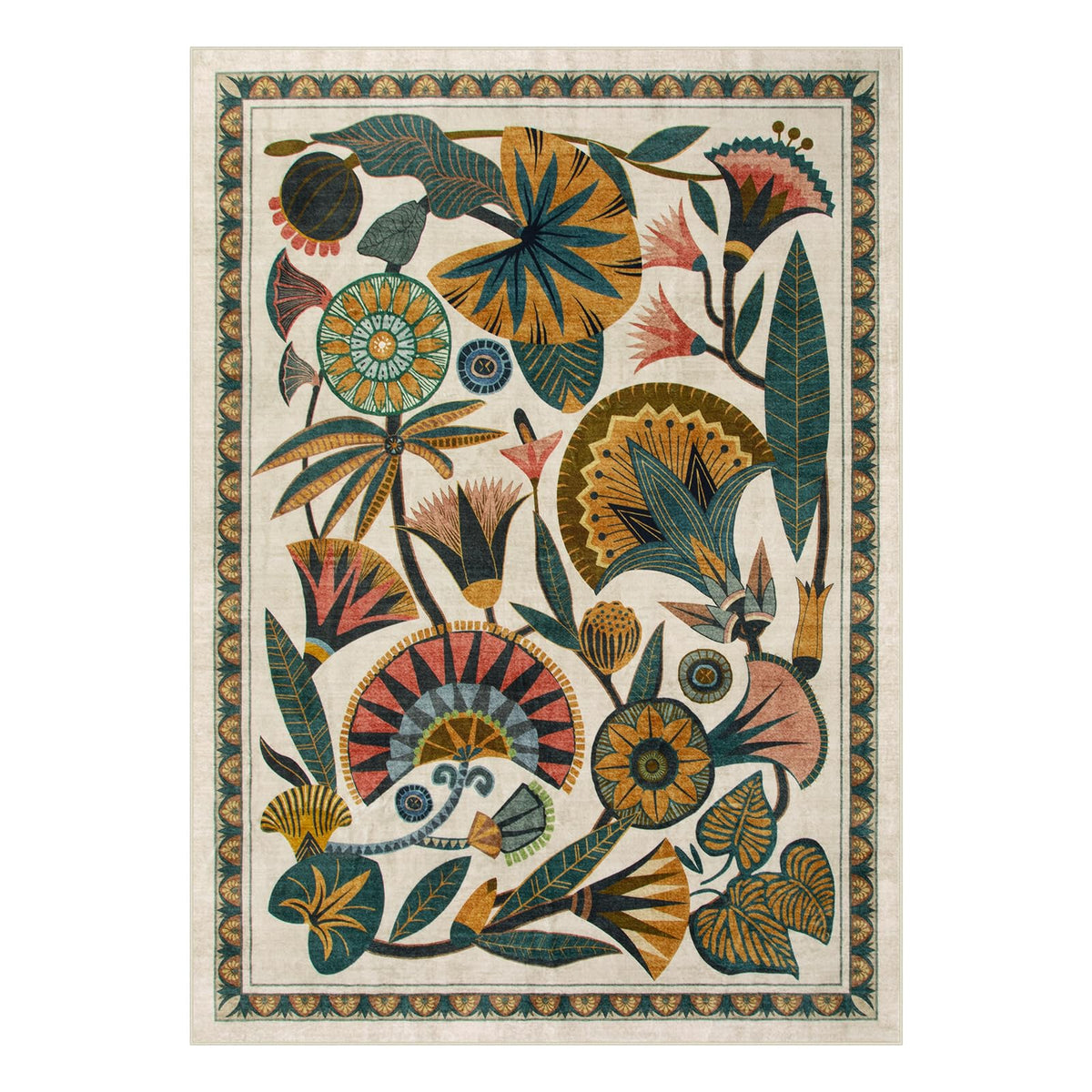 Zealude Egyptian floral beige rug adds Boho charm and warmth.