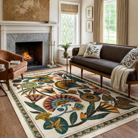 Zealude Egyptian floral rug front view shows bold border and beige tones for living rooms.