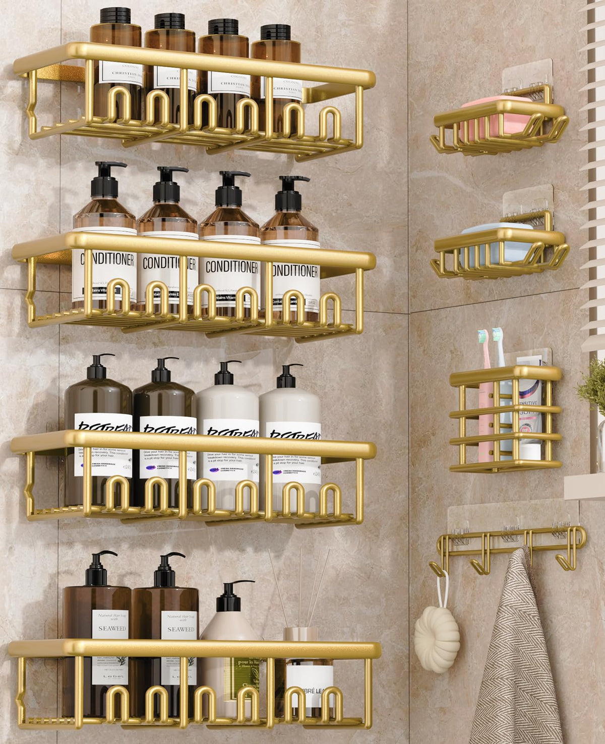 Zeawec 8-pack adhesive shower shelves in gold keep toiletries neatly organized.