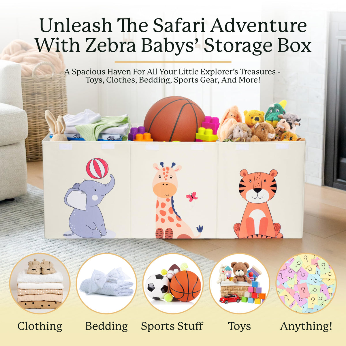 Zebra Baby toy storage organizer side view with sturdy carry handles