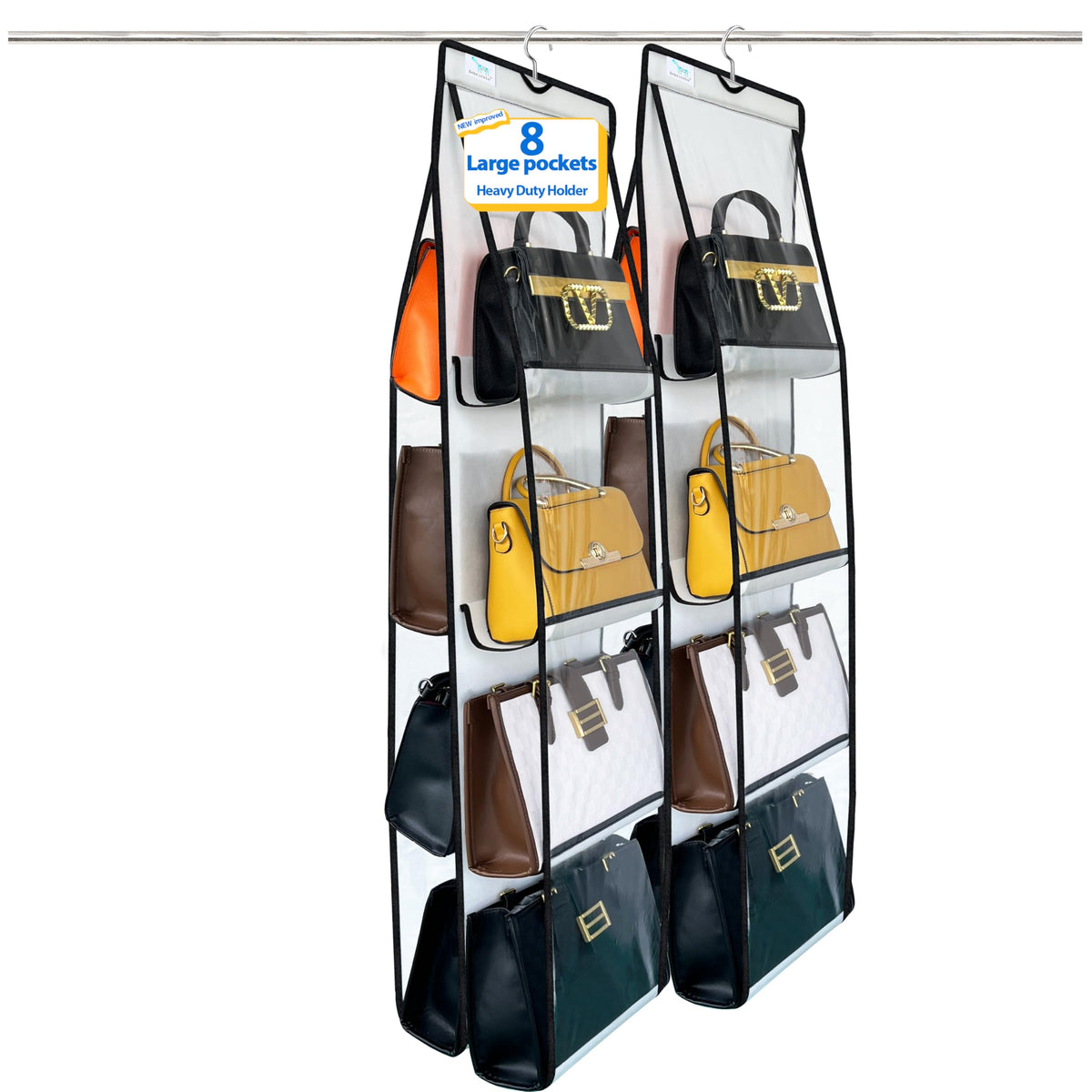Zebricolo 2-pack over-door purse organizer keeps bags accessible and neatly displayed.