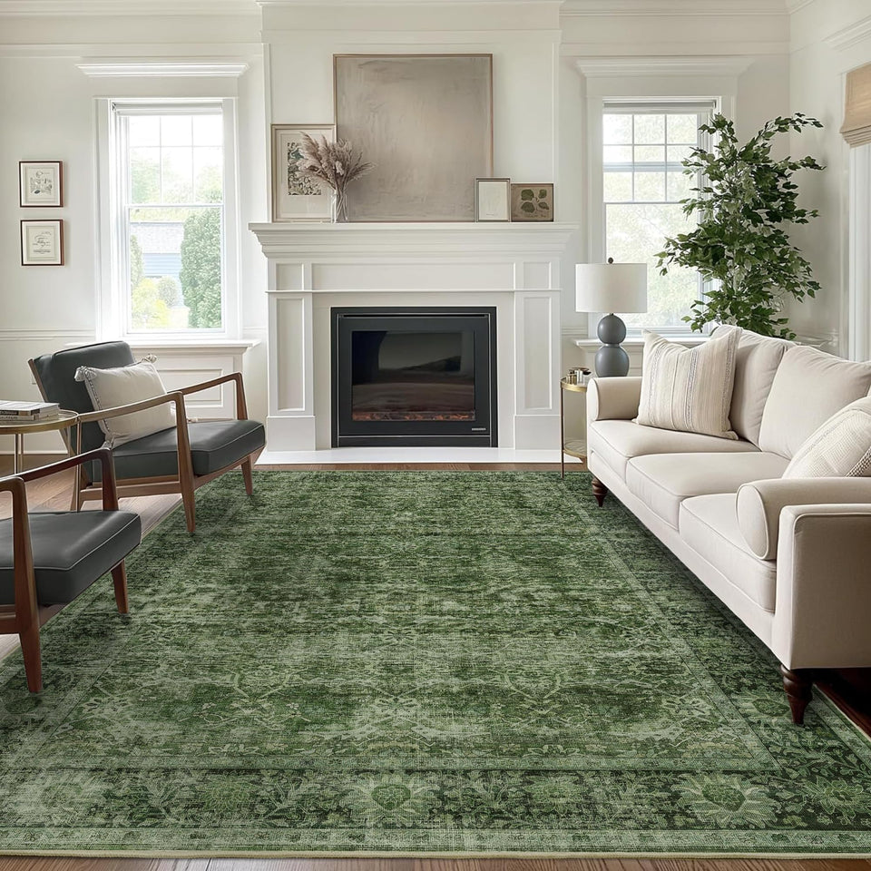 Zeeinx 5x7 green washable rug for living rooms, easy cleaning for high-traffic areas.