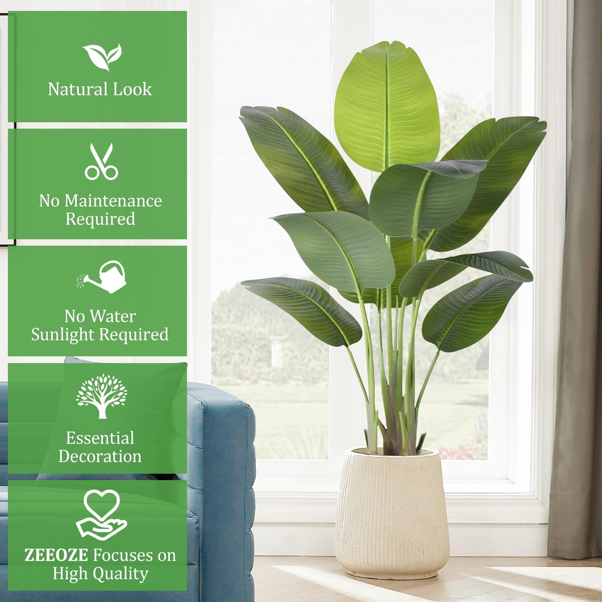 ZEEOZE nine large banana leaves create tropical fullness.