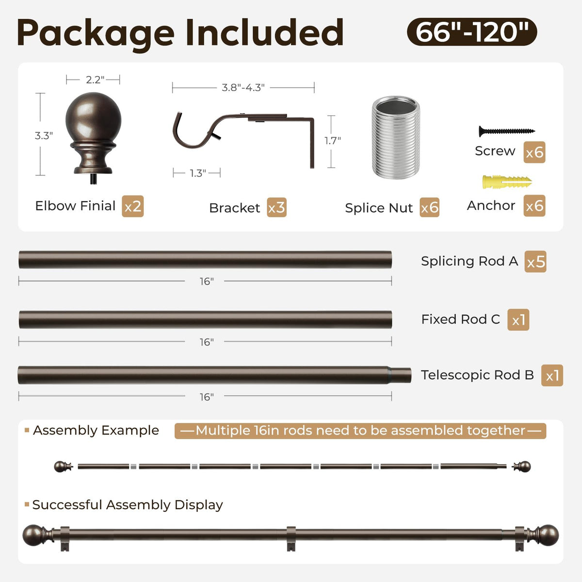 Zeerobee adjustable curtain rod spanning 66 to 120 inches