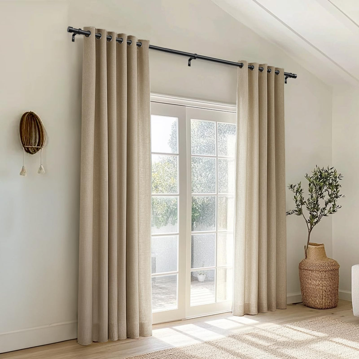 Zeerobee curtain rod fully extended to 120 inches for large windows.
