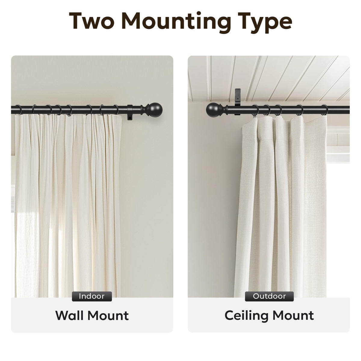 Zeerobee curtain rod suited for indoor and outdoor use as room divider.
