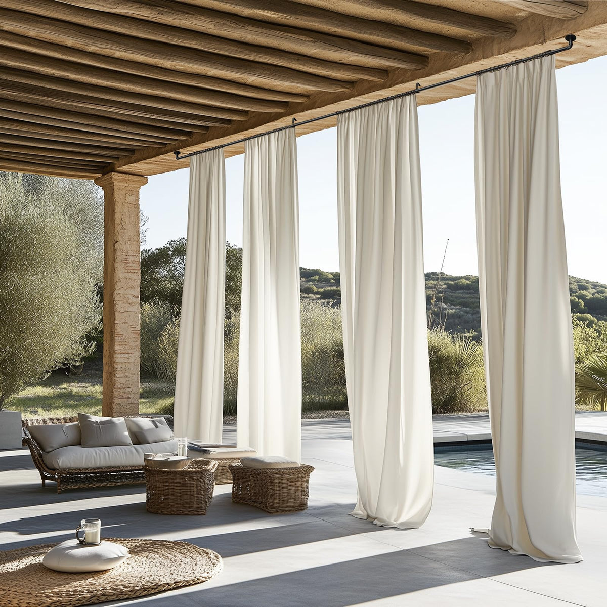Zeerobee curtain rod suited for both indoor and covered outdoor use.