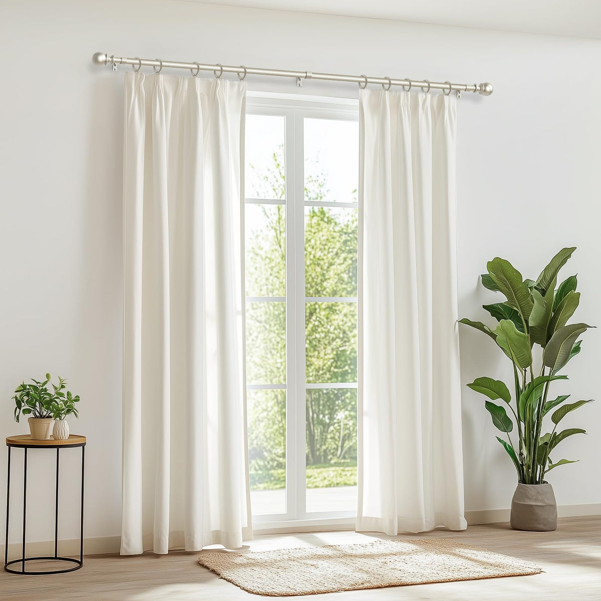 Zeerobee nickel finish curtain rod adds durable elegance.