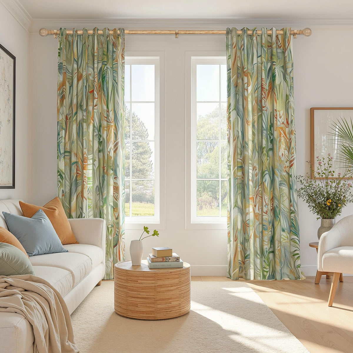 Leaf-pattern finials on the Zeerobee wood curtain rod add decorative detail